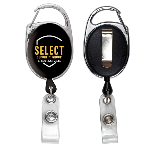 aerial view a black 30 cord retractable carabiner style badge string reel and badge holder, image 2 of 2