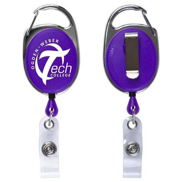 aerial view a purple 30 cord retractable carabiner style badge string reel and badge holder, image 2 of 3