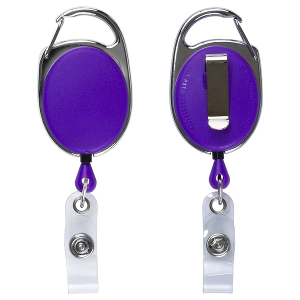 aerial view a purple 30 cord retractable carabiner style badge string reel and badge holder, image 3 of 3