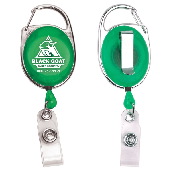 aerial view a trans green 30 cord retractable carabiner style badge string reel and badge holder, image 2 of 3