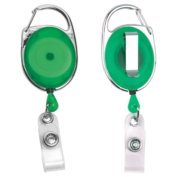 aerial view a trans green 30 cord retractable carabiner style badge string reel and badge holder, image 3 of 3