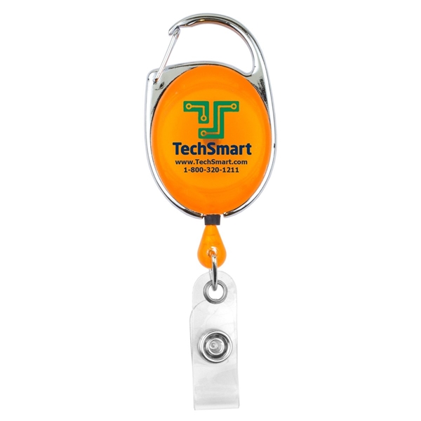 aerial view a trans orange 30 cord retractable carabiner style badge string reel and badge holder, image 2 of 2