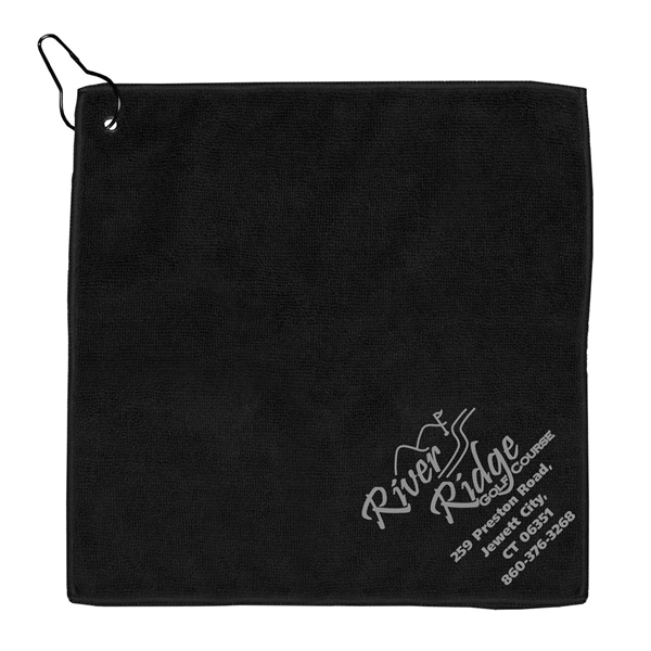 aerial view a black microfiber golf towel 12 x 12, image 2 of 7