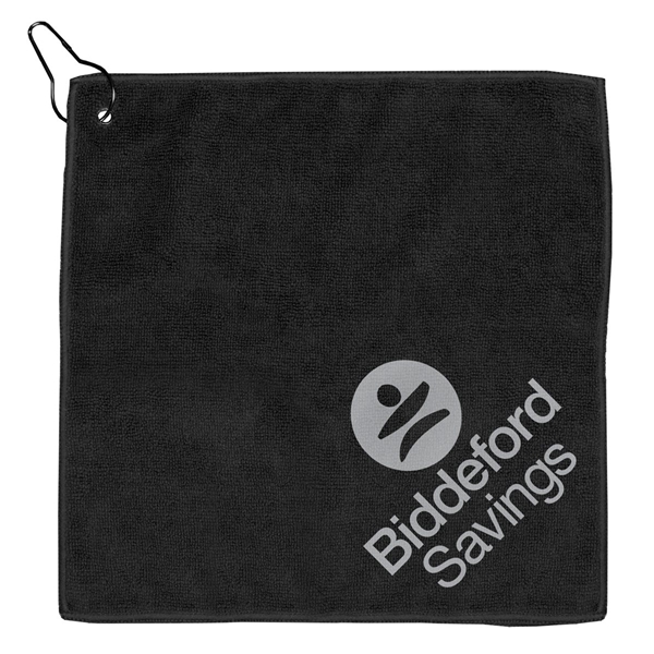 aerial view a black microfiber golf towel 12 x 12, image 3 of 7