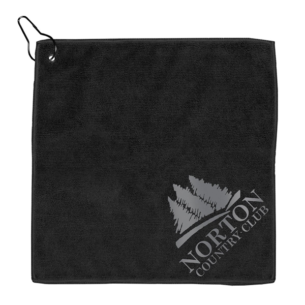 aerial view a black microfiber golf towel 12 x 12, image 4 of 7