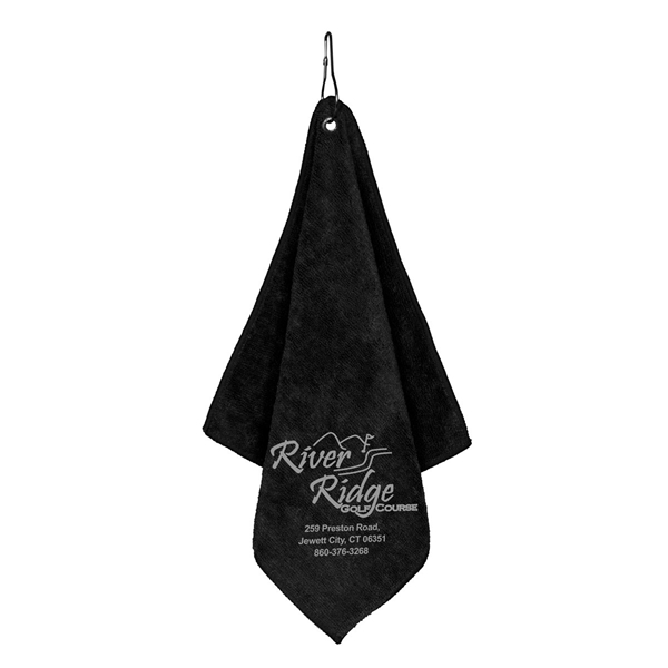 aerial view a black microfiber golf towel 12 x 12, image 5 of 7