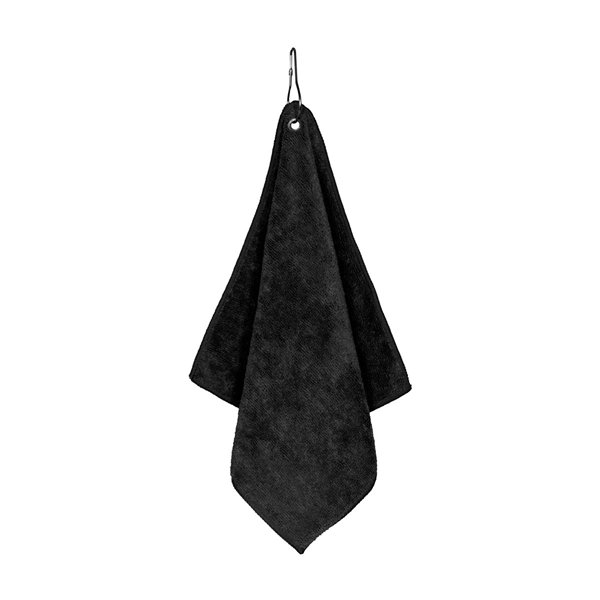 aerial view a black microfiber golf towel 12 x 12, image 6 of 7
