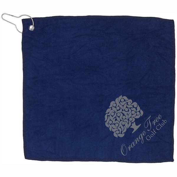 aerial view a navy blue microfiber golf towel 12 x 12, image 2 of 3