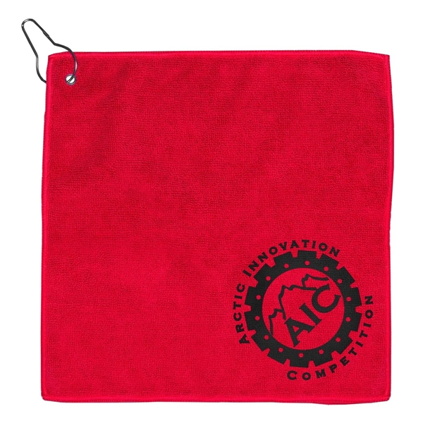 aerial view a red microfiber golf towel 12 x 12, image 2 of 6
