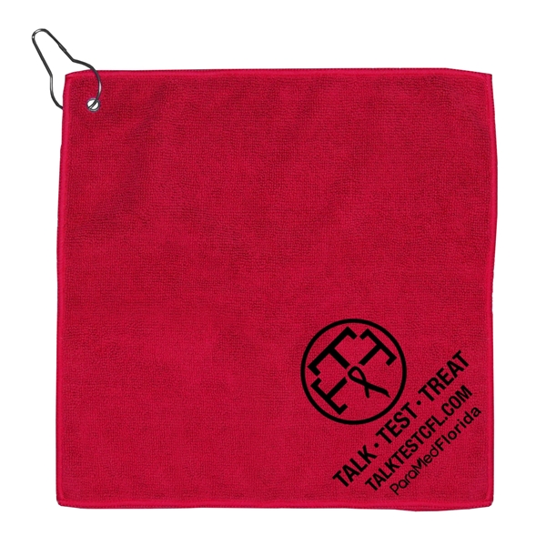aerial view a red microfiber golf towel 12 x 12, image 3 of 6