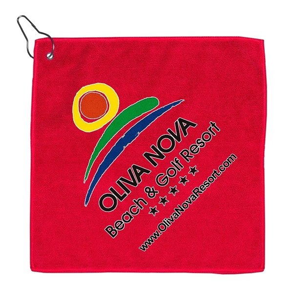 aerial view a red microfiber golf towel 12 x 12, image 4 of 6