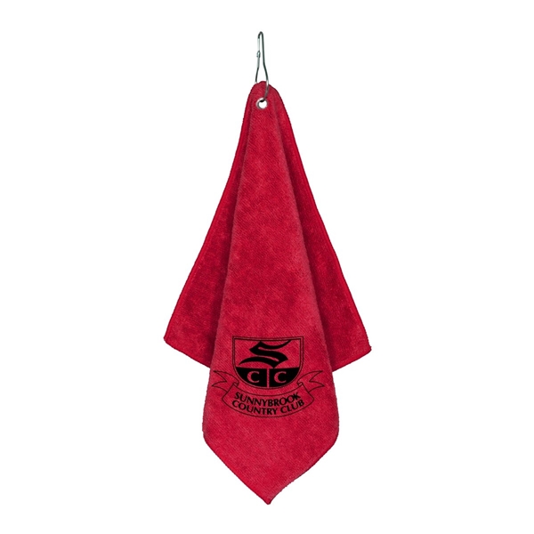 aerial view a red microfiber golf towel 12 x 12, image 5 of 6