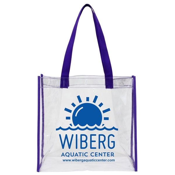 aerial view a clear with purple trim and handles matterhorn clear vinyl stadium compliant tote bag, image 2 of 4