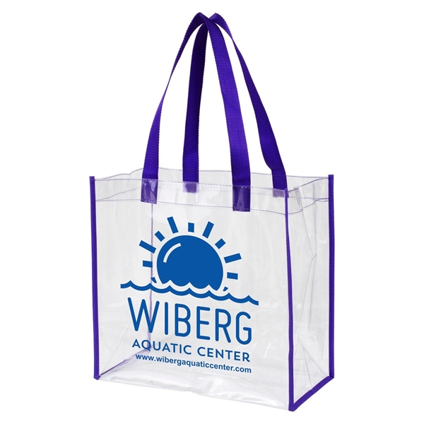 aerial view a clear with purple trim and handles matterhorn clear vinyl stadium compliant tote bag, image 3 of 4