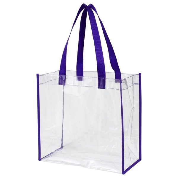 aerial view a clear with purple trim and handles matterhorn clear vinyl stadium compliant tote bag, image 4 of 4