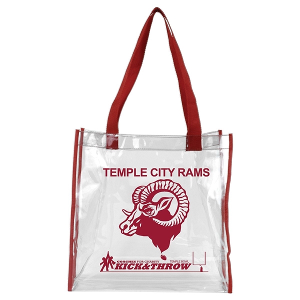 aerial view a clear with red trim and handles matterhorn clear vinyl stadium compliant tote bag, image 2 of 5
