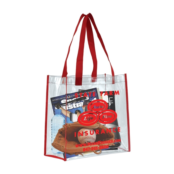 aerial view a clear with red trim and handles matterhorn clear vinyl stadium compliant tote bag, image 3 of 5