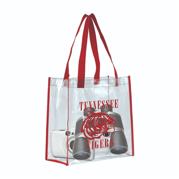 aerial view a clear with red trim and handles matterhorn clear vinyl stadium compliant tote bag, image 4 of 5