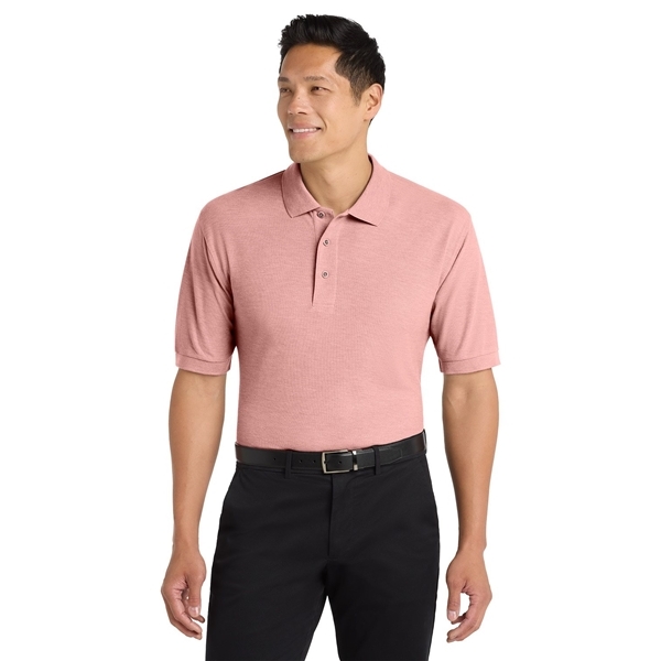 aerial view a light pink port authority silk touch polo shirt, image 3 of 5