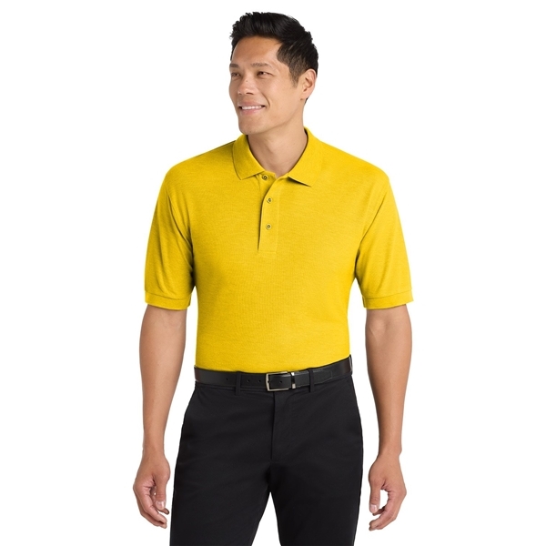 aerial view a sunflower yellow port authority silk touch polo shirt, image 3 of 5