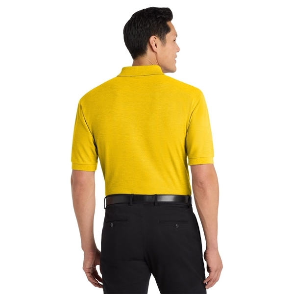 aerial view a sunflower yellow port authority silk touch polo shirt, image 4 of 5