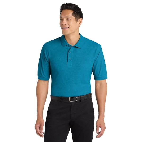 aerial view a turquoise port authority silk touch polo shirt, image 3 of 5