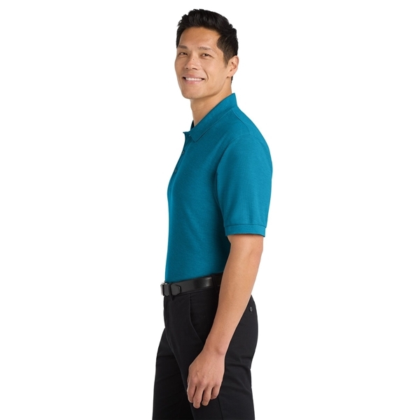 aerial view a turquoise port authority silk touch polo shirt, image 5 of 5