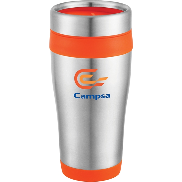 aerial view a stainless steel with orange liner 16 oz carmel stainless steel double wall tumbler, image 2 of 2