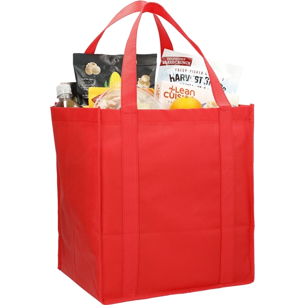 aerial view a red the hercules non - woven grocery tote - 13 x 14.5, image 5 of 6