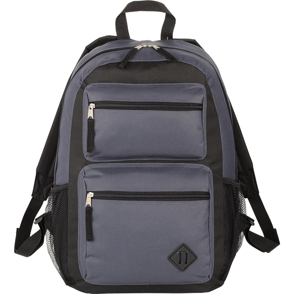 aerial view a charcoal double pocket backpack, image 2 of 3