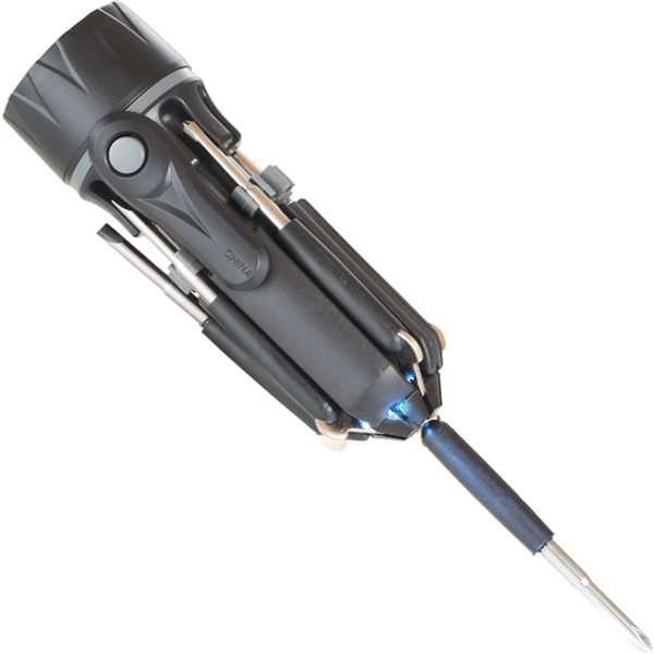 aerial view a black spidey 8- in -1 screwdriver flashlight, image 4 of 5