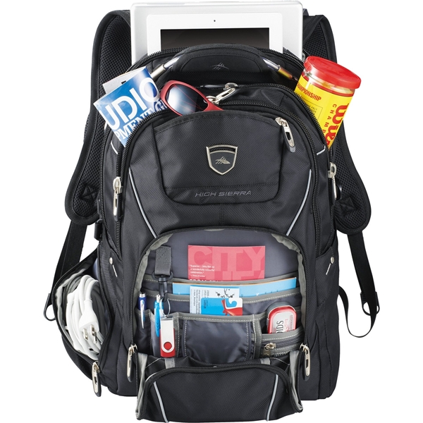 aerial view a black polycanvas high sierra elite fly - by compu - backpack 17 laptop, image 5 of 10