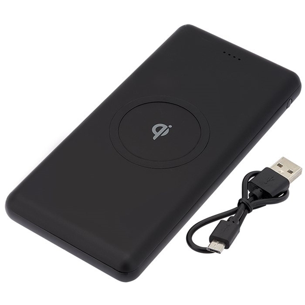 aerial view a black ul certified qi ring wireless charger power bank, image 2 of 12