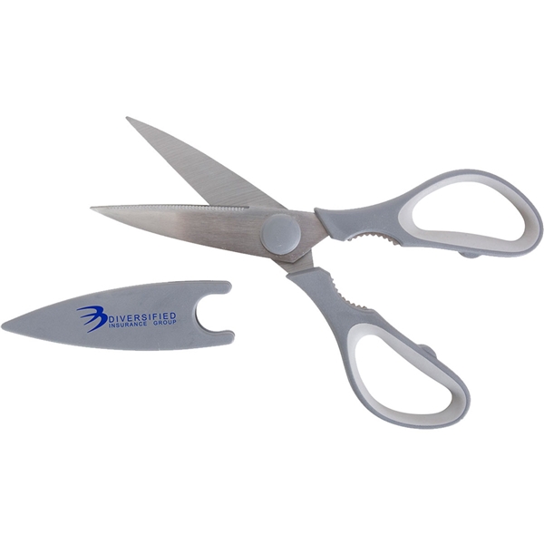 aerial view a grey kitchen scissor with sheath, image 2 of 4