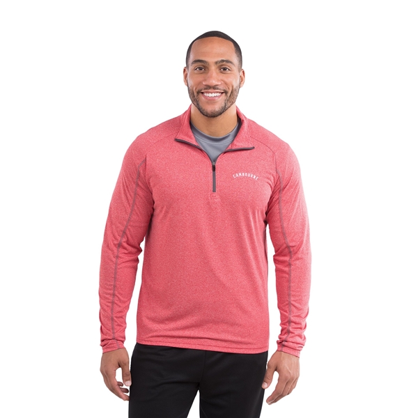 aerial view a team red heather (358) mens taza performance knit quarter zip with thumb holes, image 5 of 10
