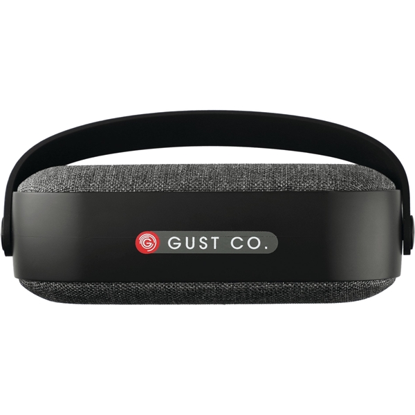 aerial view a black woven fabric bluetooth speaker, image 2 of 9