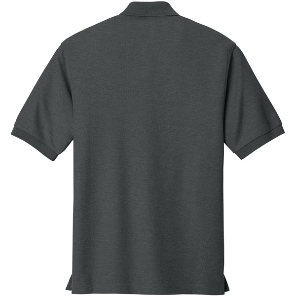 aerial view a charcoal heather grey port authority silk touch polo shirt, image 2 of 5