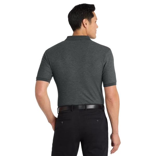 aerial view a charcoal heather grey port authority silk touch polo shirt, image 4 of 5