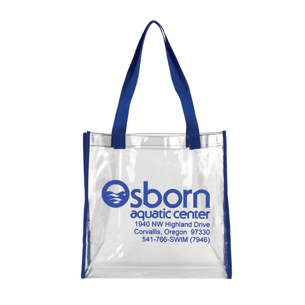 aerial view a clear with blue trim and handles matterhorn clear vinyl stadium compliant tote bag, image 2 of 3