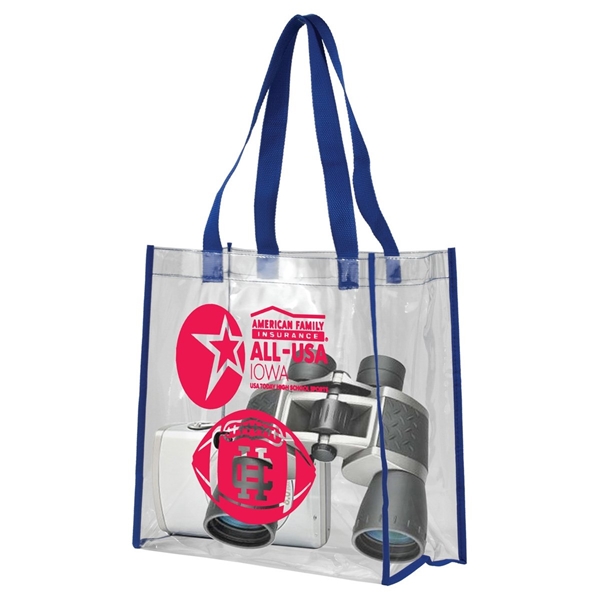 aerial view a clear with blue trim and handles matterhorn clear vinyl stadium compliant tote bag, image 3 of 3