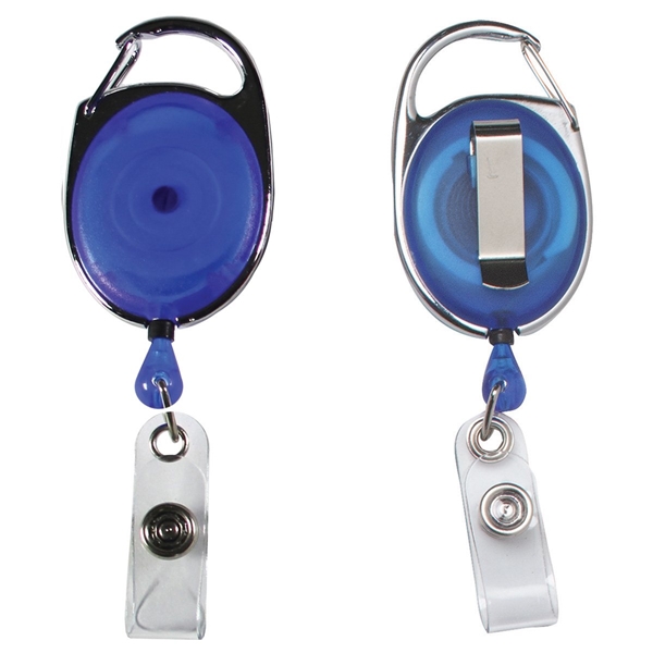 aerial view a trans blue 30 cord retractable carabiner style badge string reel and badge holder, image 2 of 4