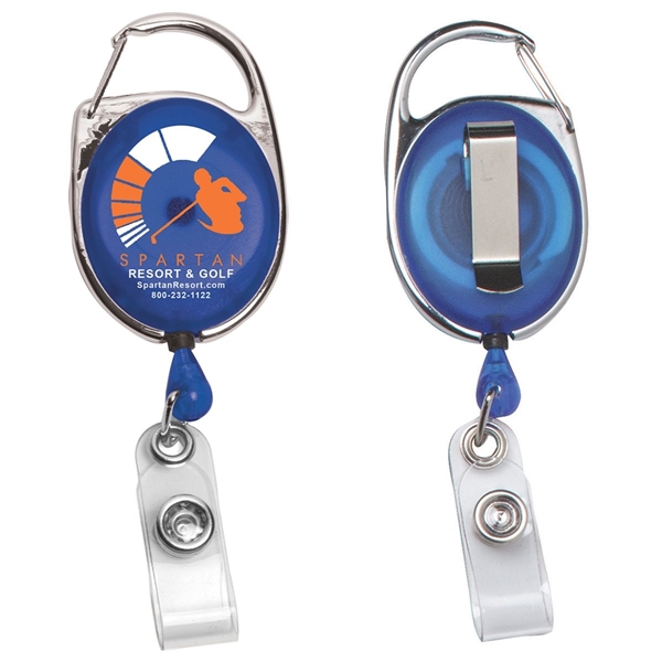 aerial view a trans blue 30 cord retractable carabiner style badge string reel and badge holder, image 3 of 4