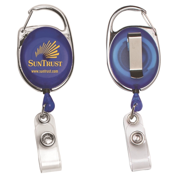 aerial view a trans blue 30 cord retractable carabiner style badge string reel and badge holder, image 4 of 4