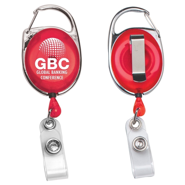 aerial view a trans red 30 cord retractable carabiner style badge string reel and badge holder, image 2 of 2