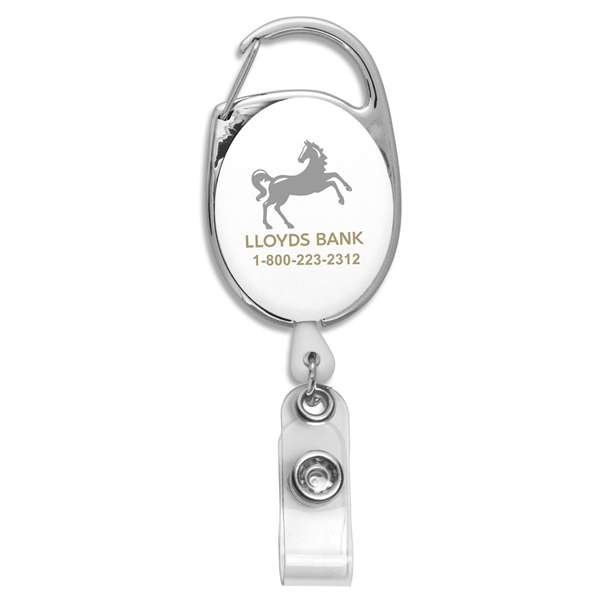 aerial view a white 30 cord retractable carabiner style badge string reel and badge holder, image 2 of 2