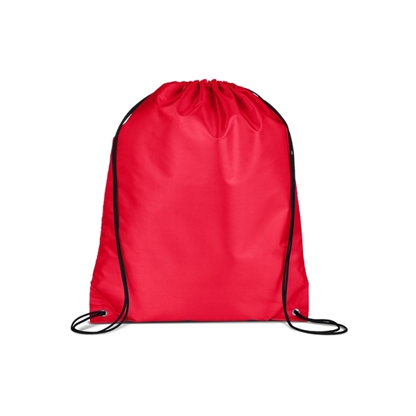 aerial view a red versatile polyester drawstring backpack, image 2 of 3