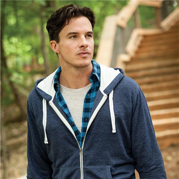 aerial view a ink blue heather (571) mens sandylake roots73 french terry full zip hoodie, image 3 of 3