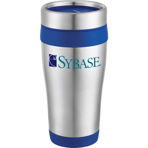 aerial view a stainless steel with blue liner 16 oz carmel stainless steel double wall tumbler, image 2 of 2
