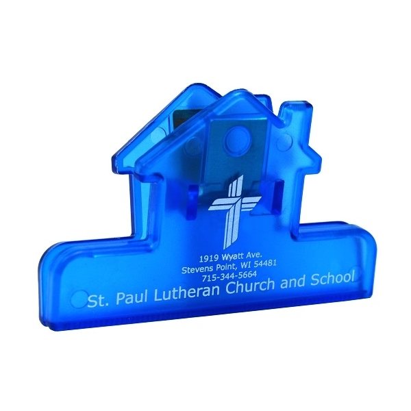 aerial view a translucent blue 4 house shaped bag clip, image 2 of 2