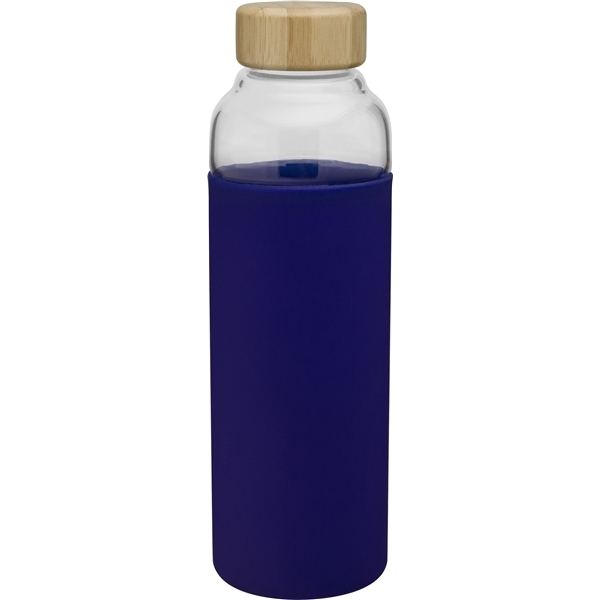 aerial view a blue h2go bali 18 oz glass water bottle with bamboo lid - blue, image 2 of 4